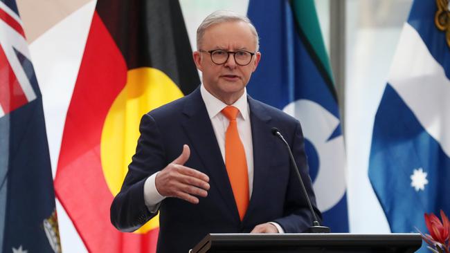 Anthony Albanese at Monash University in Melbourne on Monday. The Prime Minister labelled the secret cabinet appointments ‘tin-pot activity’ and accused Scott Morrison of running a ‘shadow government’. Picture: David Crosling