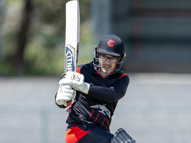 Essendon batsman Aaron Ayre shovels a ball to the boundary. Picture: Arj Giese. 