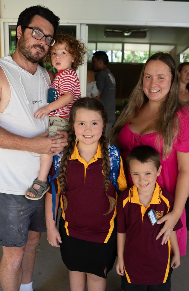 Adrian Painter, Ashley Westbrook, Lilly Painter, Cody Painter, Corbiah Painter at the first day of school at Monkland State School. January 22, 2024. Picture: Christine Schindler