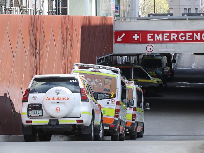 Ambulances ramped at the Royal Hobart Hospital. Picture: LUKE BOWDEN