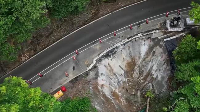 An aerial view of the damaged Kuranda Range Rd. Picture: TMR