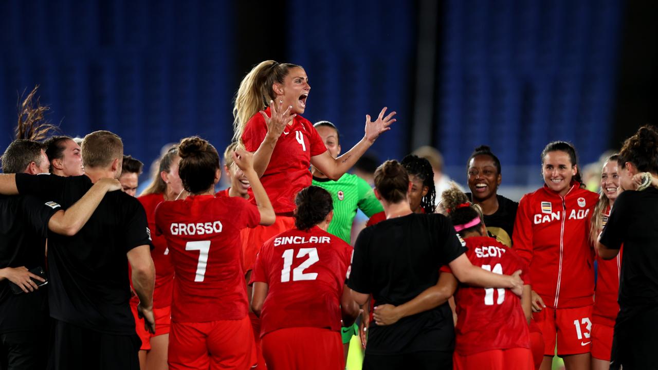 Canada celebrating winning the Olympic gold in Tokyo. Photo by Naomi Baker/Getty Images