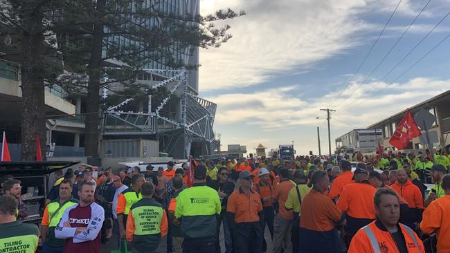 Jewel workers protesting as they are kept in the dark about their futures by developer Yuhu Group and project builder Multiplex. Picture: Sally Coates