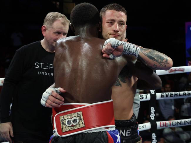 Liam Paro congratulates Richardson Hitchens after their super-lightweight world title fight in Puerto Rico. Picture: Melina Pizano/Matchroom