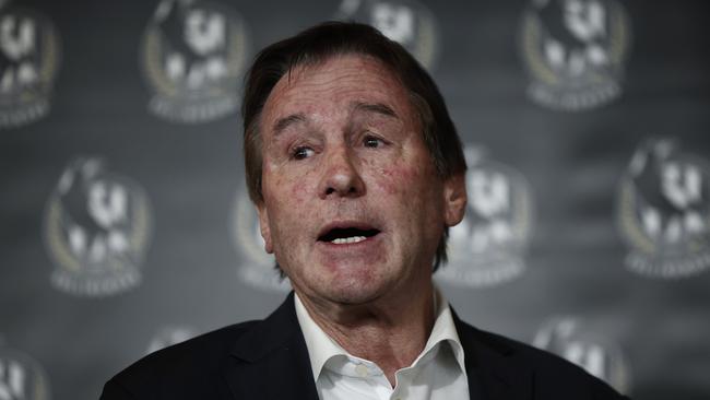 MELBOURNE, AUSTRALIA - JULY 31: Collingwood President Jeff Browne speaks to the media during a press conference at Glasshouse Event Space on July 31, 2024 in Melbourne, Australia. (Photo by Daniel Pockett/Getty Images)