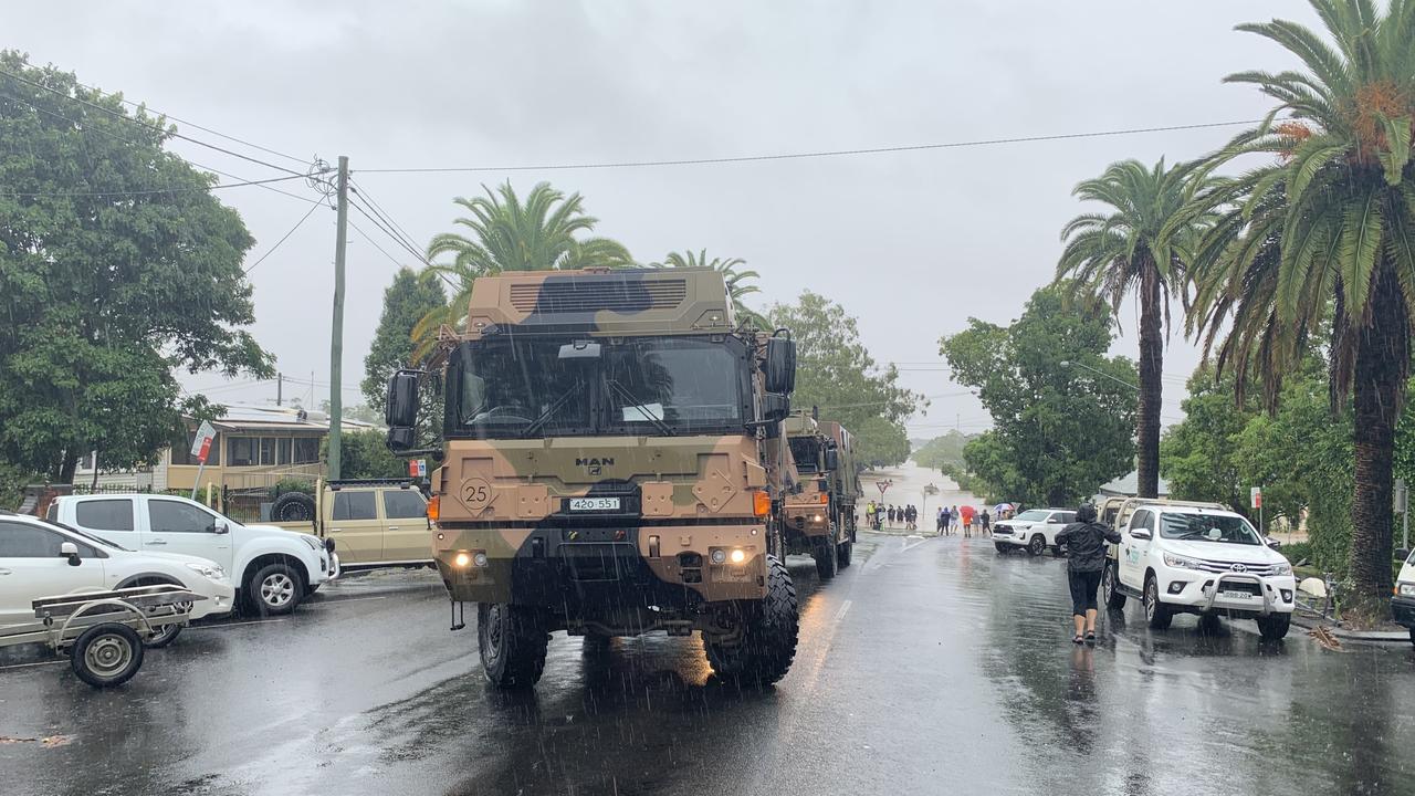 Army troops arrive in Lismore to assist with flood rescues. Picture: Stuart Cumming