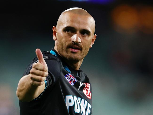 ADELAIDE, AUSTRALIA – APRIL 26: Sam Powell-Pepper of the Power gives the thumbs up to fans before the game during the 2024 AFL Round 07 match between the Port Adelaid