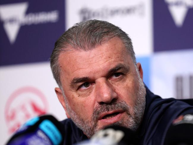 Tottenham Hotspurs' Head Coach Ange Postecoglou attends a press conference at AAMI Park in Melbourne on May 21, 2024, ahead of their friendly match against Newcastle United. (Photo by Martin KEEP / AFP) / -- IMAGE RESTRICTED TO EDITORIAL USE - STRICTLY NO COMMERCIAL USE --