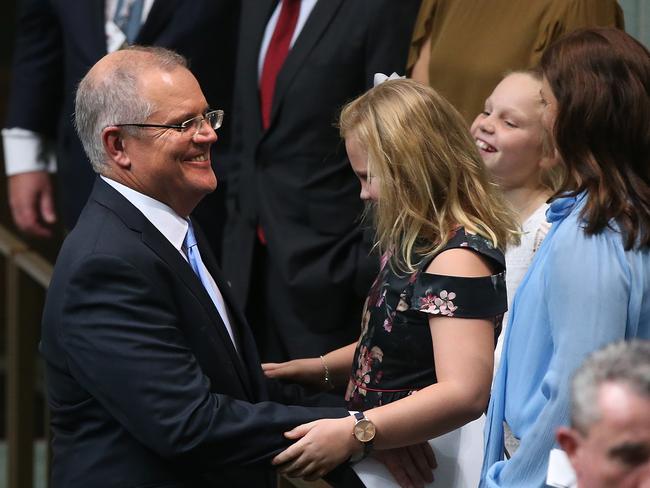 Treasurer Scott Morrison his family after delivering his Budget speech in the House of Representatives Chamber, at Parliament House in Canberra. Picture Kym Smith