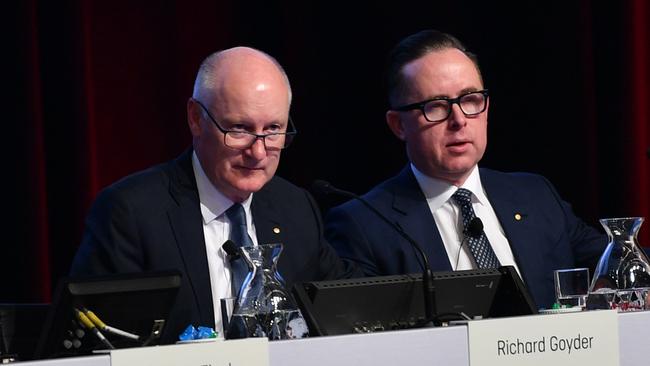 Chairman Richard Goyder and Qantas CEO Alan Joyce during the 2019 AGM in Adelaide. Picture: David Mariuz/AAP