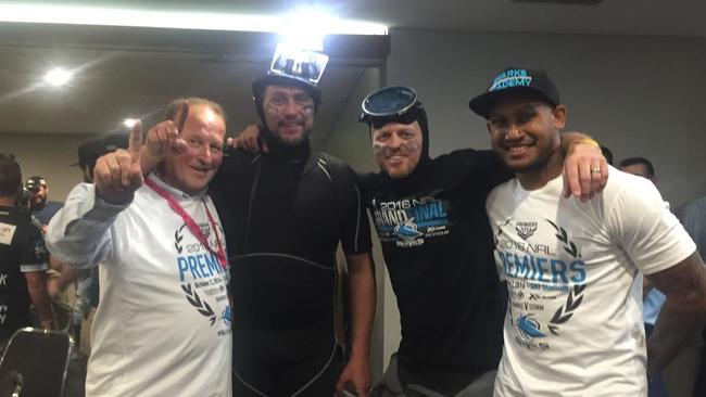 Phil Rothfield, left, and Ben Barba, right, with Cronulla Sharks fans at the grand final after-party.