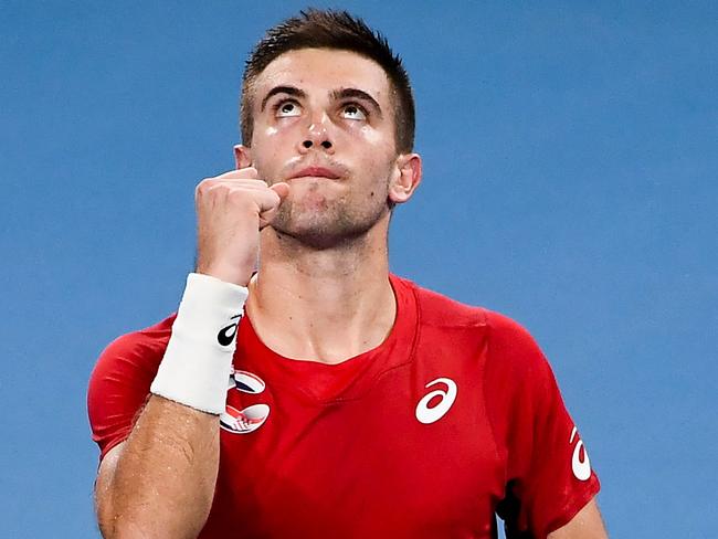 Croatia’s Borna Coric celebrates his win over Austria’s Dominic Thiem. Picture: AFP