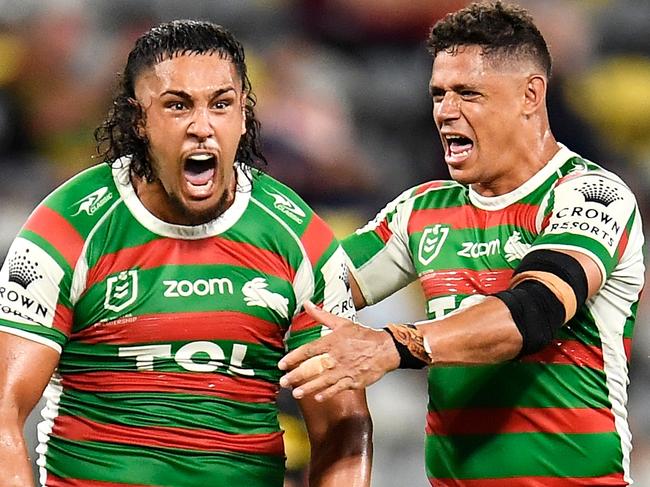 *APAC Sports Pictures of the Week - 2021, September 13* - TOWNSVILLE, AUSTRALIA - SEPTEMBER 11:  Keaon Koloamatangi and Dane Gagai of the Rabbitohs celebrate victory during the NRL Qualifying Final match between Penrith Panthers and South Sydney Rabbitohs at QCB Stadium, on September 11, 2021, in Townsville, Australia. (Photo by Ian Hitchcock/Getty Images)