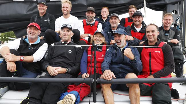 Crew of Alive. Alive are the first Tasmanian boat home in the Sydney to Hobart 2023 and in with a good chance of taking handicap honours overall. Picture: Nikki Davis-Jones