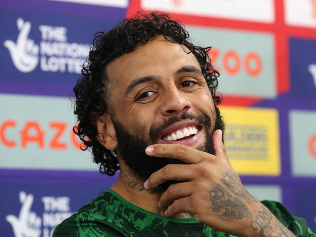 HUDDERSFIELD, ENGLAND - NOVEMBER 04: Josh Addo-Carr of Australia chats to media following during the Rugby League World Cup Quarter Final match between Australia and Lebanon at John Smith's Stadium on November 04, 2022 in Huddersfield, England. (Photo by Jan Kruger/Getty Images for RLWC)