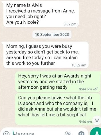 A man reached out to her via WhatsApp. Picture: Supplied