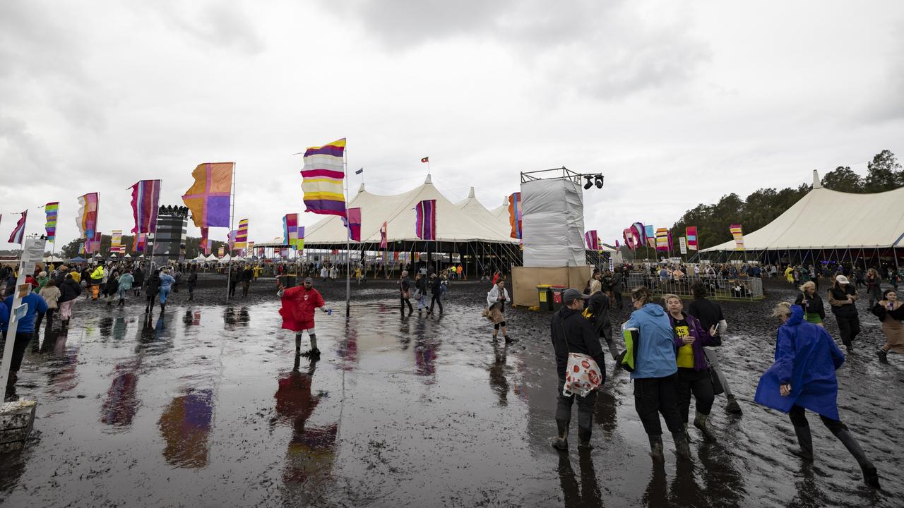 Wet and wild conditions at Splendour in the Grass at Byron Bay forced the cancellation of acts on the first day. Picture: Matt Jelonek/Getty Images