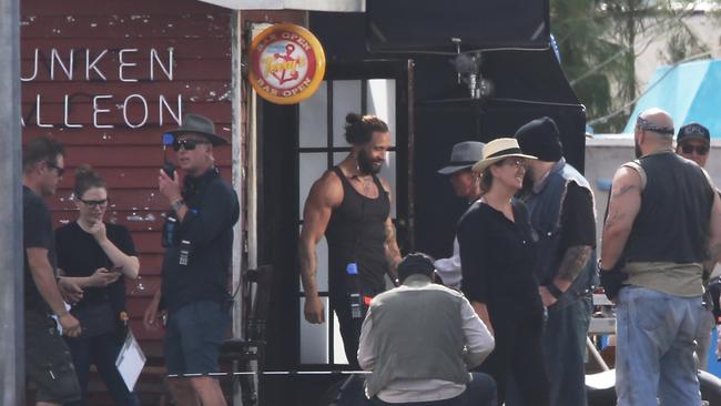 Bikies take over the Gold coast again, but this time its actors playing the part during filming for Aquaman at a ready made set at the Spit. Picture Glenn Hampson