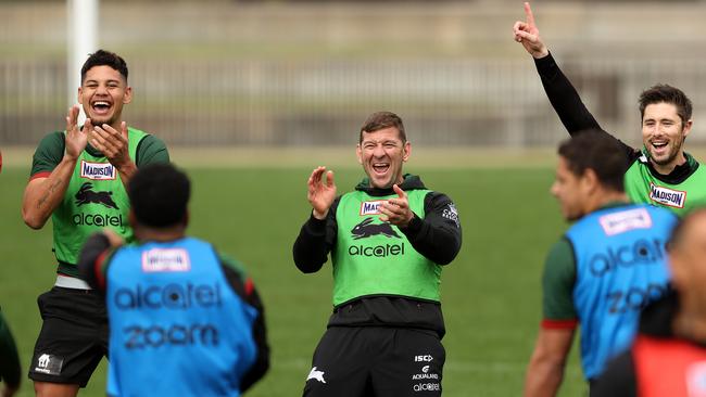 Assistant coach Jason Demetriou has a laugh during training. Picture: Phil Hillyard