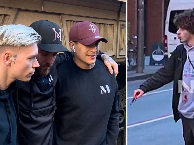 Heroes who tackled alleged Sydney CBD stabber: From left, Lee Cuthbert, Paul O’Shaughnessy, Alex Roberts; and the alleged knifeman. Pictures: Sascha O'Sullivan/Channel 7