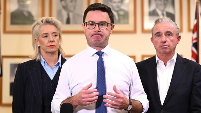 ONE TIME USE ONLY, FEES APPLY. Nationals Leader David Littleproud, Nationals Deputy Leader Kevin Hogan and Nationals Senate Leader Bridget McKenzie speak to the media during a press conference at Parliament House in Canberra, Tuesday, May 20, 2025. MUST CREDIT  (AAP Image/Lukas Coch) NO ARCHIVING
