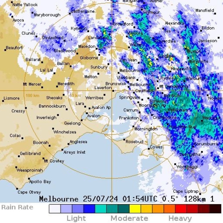 Bureau of Meteorology's Melbourne rain radar at noon on July 25. Picture: Supplied