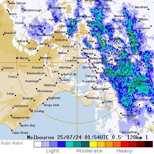 Bureau of Meteorology's Melbourne rain radar at noon on July 25. Picture: Supplied