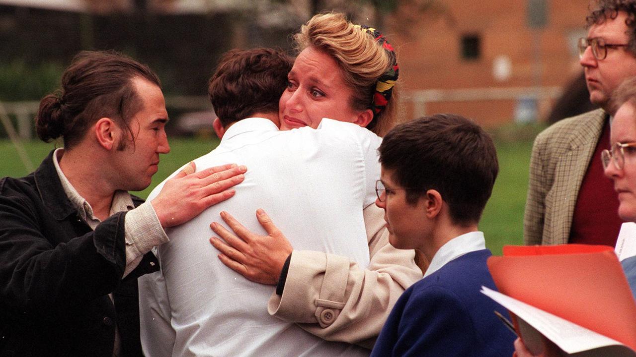 Walter Mikac, whose wife &amp; daughters were victims of Port Arthur massacre consoled at an anti gun rally at Sydney's Domain in July 1996.