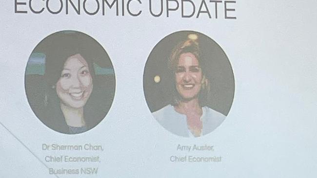 Amy Auster was listed on screen as a speaker for a Business NSW luncheon but her employer’s name was conspicuously absent.