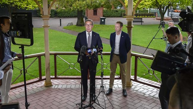 Former premier Steven Marshall (left) at a January 24 press conference to announce he will quit politics, alongside Liberal leader David Speirs. Picture: Roy VanDerVegt