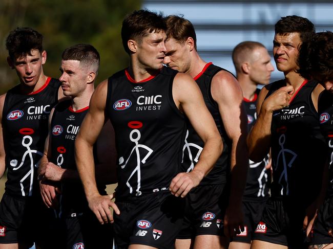 Jack Steele leads his dejected Saints off the ground. Picture: Getty Images