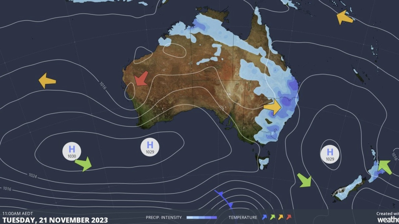 A Weatherzone map detailing the heavy rains and high temperatures affecting both Aussie coasts. Picture: Supplied / Weatherzone