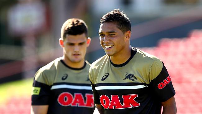 Te Maire Martin and Nathan Cleary during Panthers training. Picture: Gregg Porteous