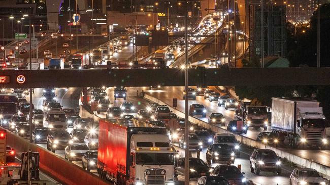 Traffic on the West Gate Freeway after Melbourne’s fourth Covid lockdown. Picture: Mark Stewart