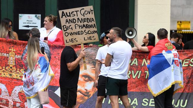 Protesters at a government detention centre where Novak Djokovic is being held. Picture: AAP.