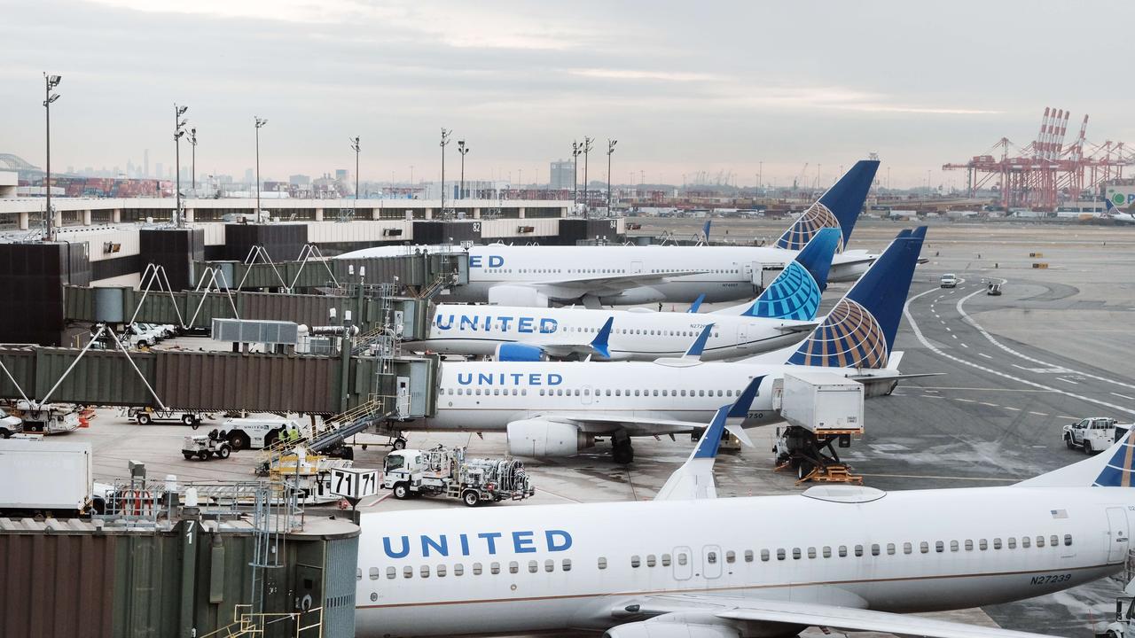 United Airlines planes sit on the runway at Newark Liberty International Airport.