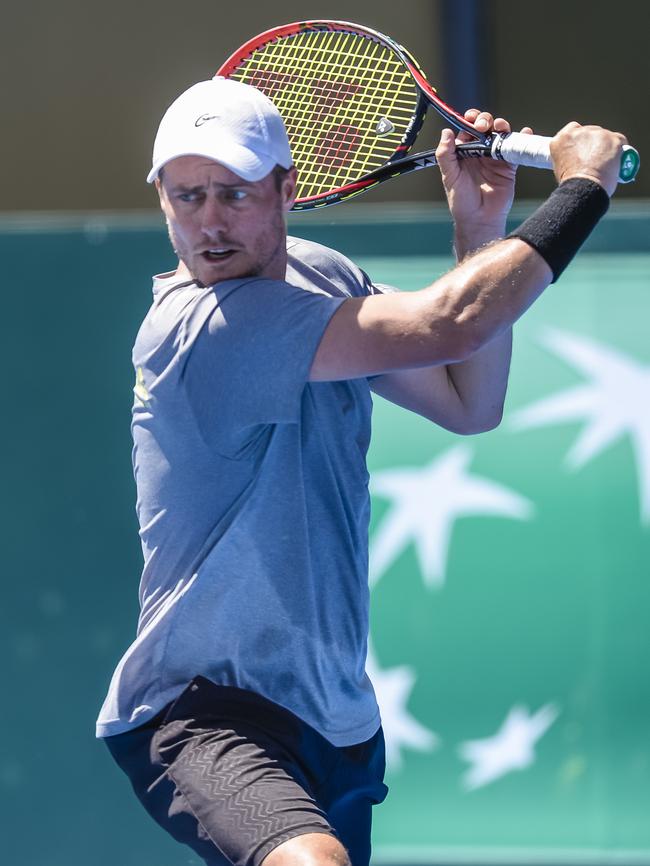 Australian team captain Lleyton Hewitt is seen during a practice session at Memorial Drive. Picture: AAP Image/Roy VanDerVegt