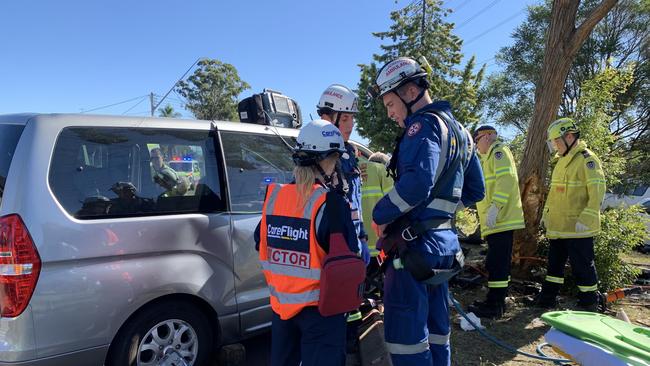 CareFlight’s rapid response team, NSW Ambulance and Fire and Rescue crews at the scene of a crash in Hebersham on Friday afternoon. Picture: CareFlight.