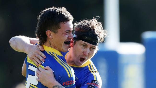 Zac Sun and Jake Fitzpatrick celebrate Toukley try in Central Coast Rugby League Toukley v The Entrance, Darren Kennedy Oval pic Sue Graham