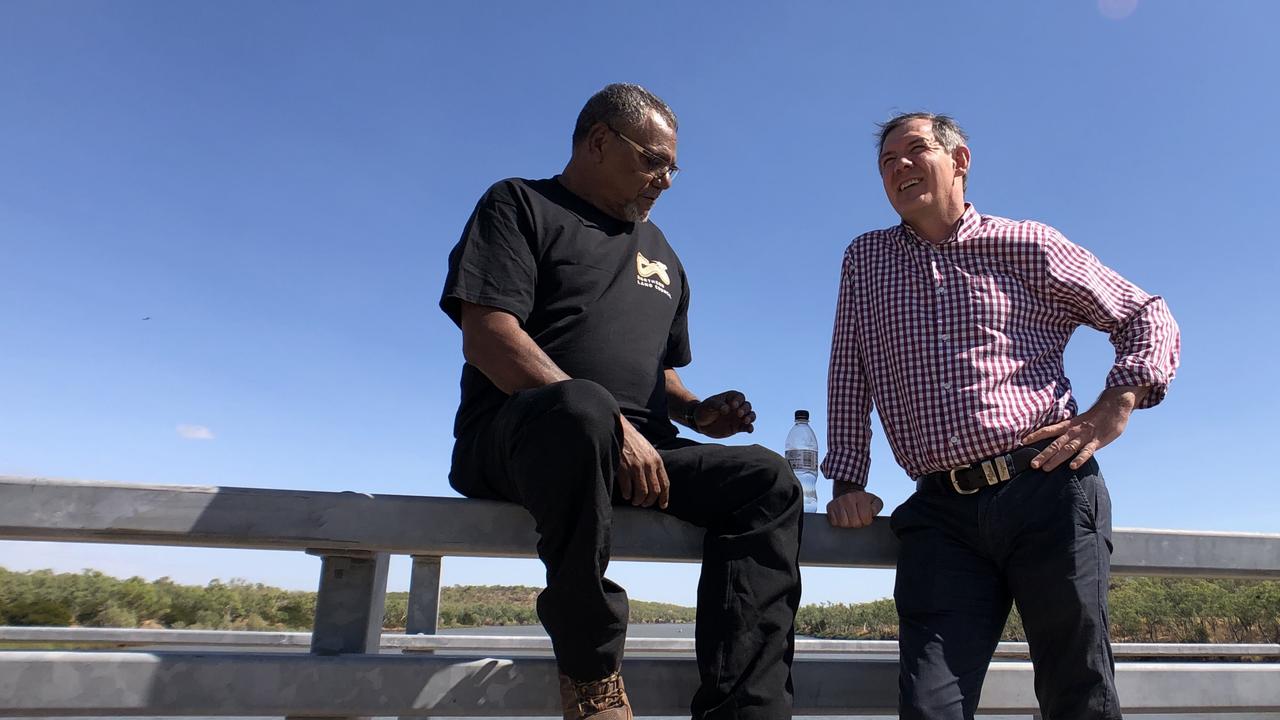 Northern Land Council chairman Samuel Bush-Blanasi and Chief Minister Michael Gunner at a bridge overlooking the Victoria River in Timber Creek.