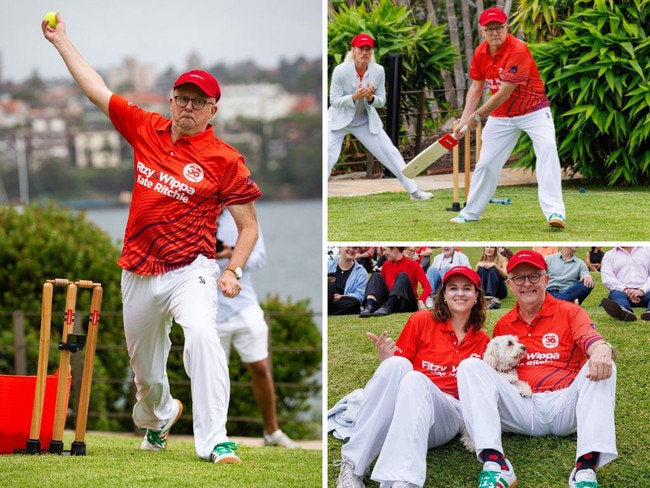 Anthony Albanese shows off his cricket prowess during a charity event at Kirribilli House on Tuesday before sitting down with Olympian ‘Raygun’. Picture: Justin Lloyd