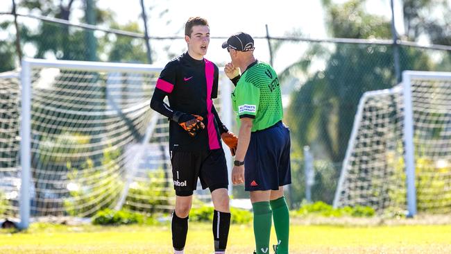 Kasper Stockill with referee Jim Bellos. Picture: Richard Walker