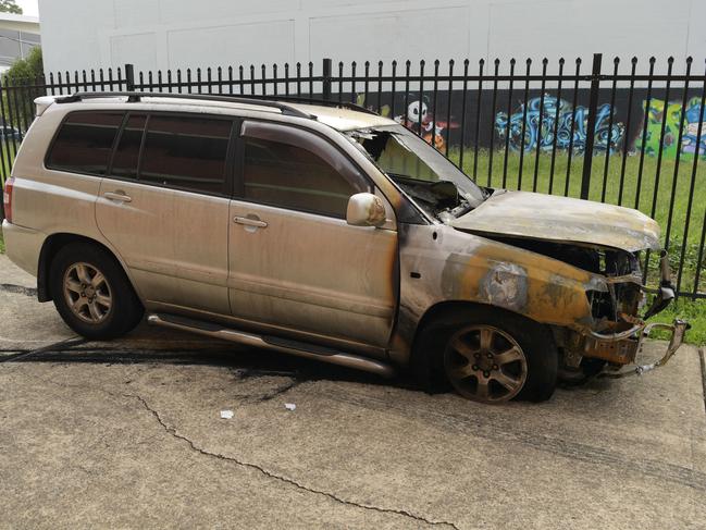 The burnt-out car. Picture: Tracey Nearmy