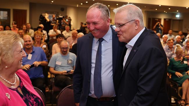 Prime Minister Scott Morrison all smiles with deputy prime minister Barnaby Joyce in the Seat of Capricornia Rockhampton, QLD to give a speech. Picture: Jason Edwards