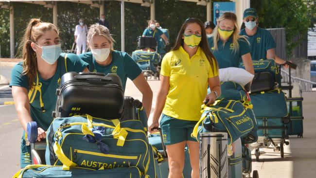Olympians at Darwin Airport. Picture: Julianne Osborne