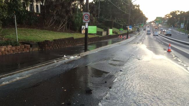 Two lanes of Lane Cove Road will be closed for some time after the water main burst.