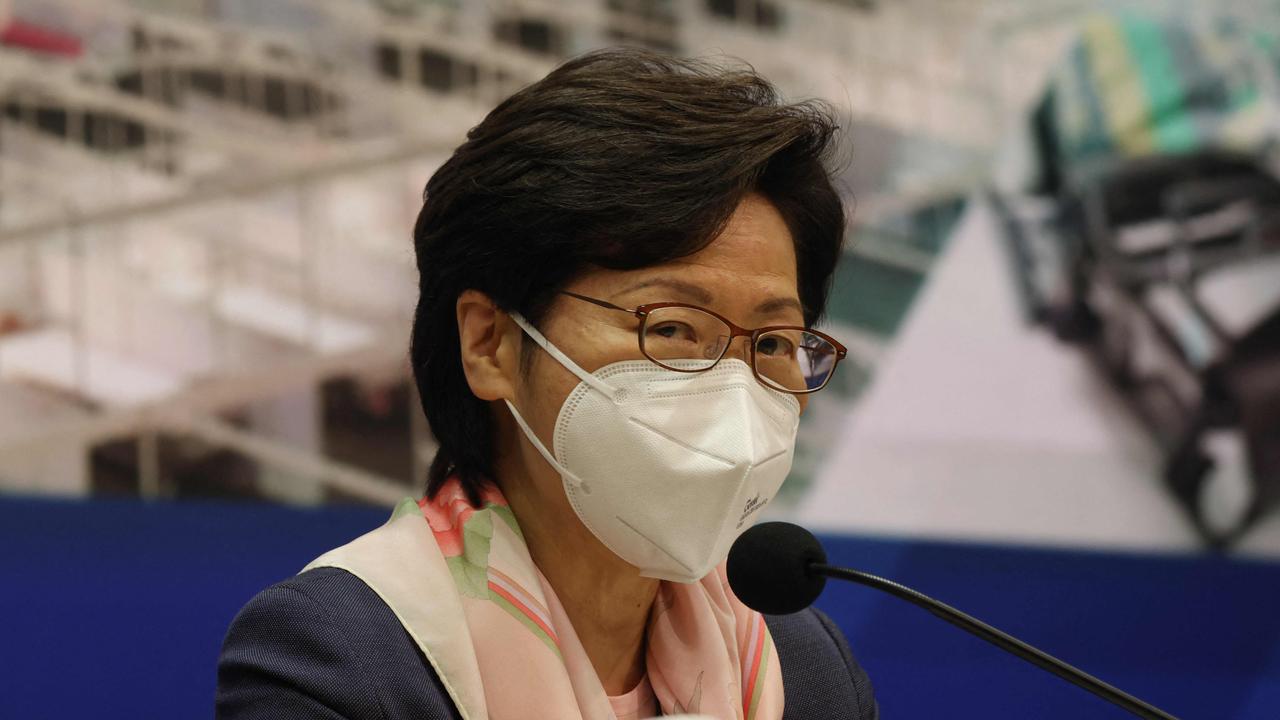 Hong Kong Chief Executive Carrie Lam speaks about the city’s spiralling Covid-19 situation at a press conference on March 14. Picture: May Tse/AFP