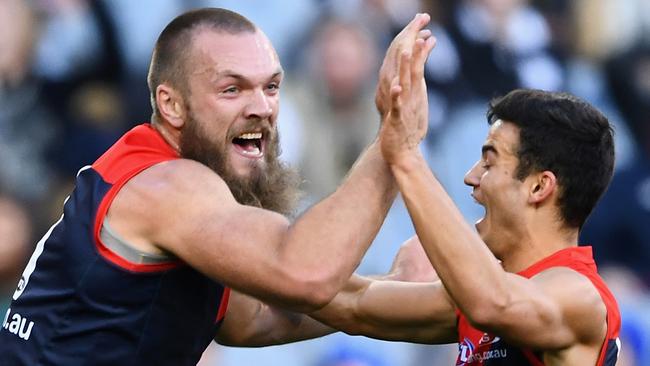 Max Gawn celebrates during Melbourne’s win against Collingwood.