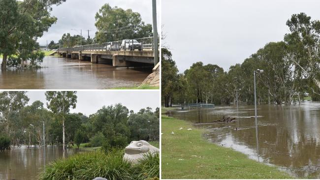 The Condamine River has exceeded minor flood levels and is swamping parts of the Warwick Riverwalk, Federation Park, and the surrounding streets.