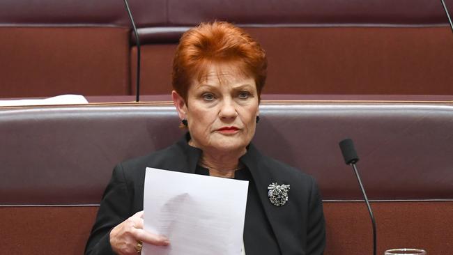 One Nation Senator Pauline Hanson, who controls two upper house seats, withheld her support on Sunday for the union-­restricting legislation. Picture: AAP